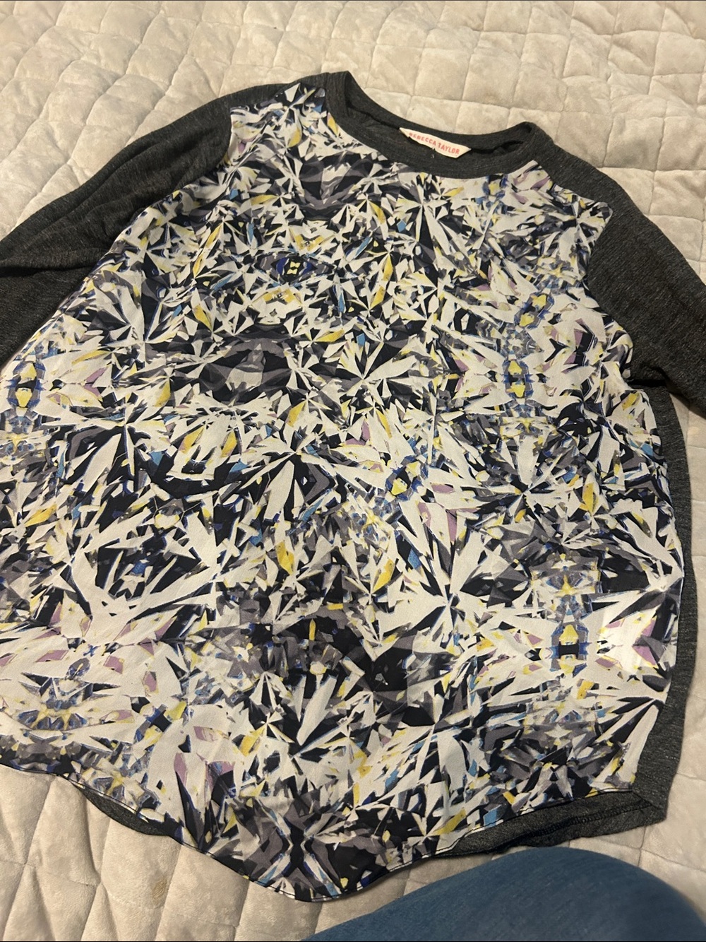 Rebecca Taylor Gray Raglan Long-Sleeve Top with Abstract Floral Print